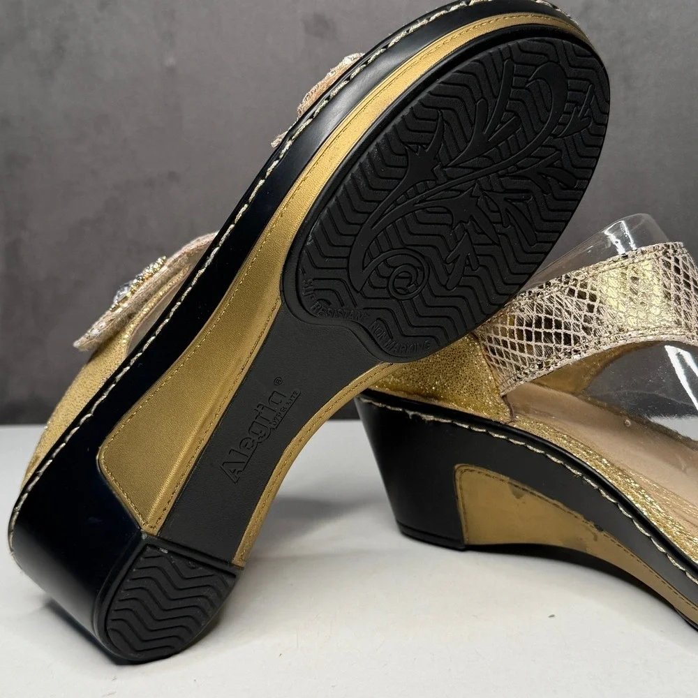 Alegria Lara Wedge Sandals Womens 38 Gold Leather Rhinestone Snake Print LAR-669